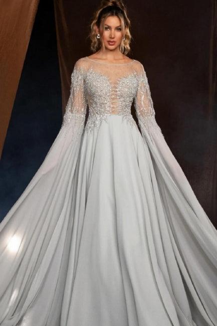 Silver Prom Dress A Line Crew Beaded Sleeves Sweep Train Chiffon Forma suzhoufashion Silver Prom Dress A Line Crew Beaded Sleeves Sweep Train Chiffon Forma suzhoufashion