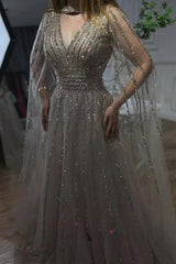Silver Prom Dress A Line V Neck Beaded Sequined Floor Length Tulle Formal Dress