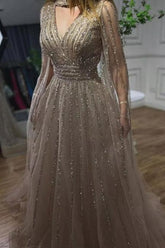 Silver Prom Dress A Line V Neck Beaded Sequined Floor Length Tulle Formal Dress