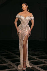 Silver Prom Dress Column Sweetheart Off The Shoulder Sleeveless Beaded Slit Tulle Formal Dress With Rhinestones