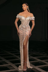 Silver Prom Dress Column Sweetheart Off The Shoulder Sleeveless Beaded Slit Tulle Formal Dress With Rhinestones