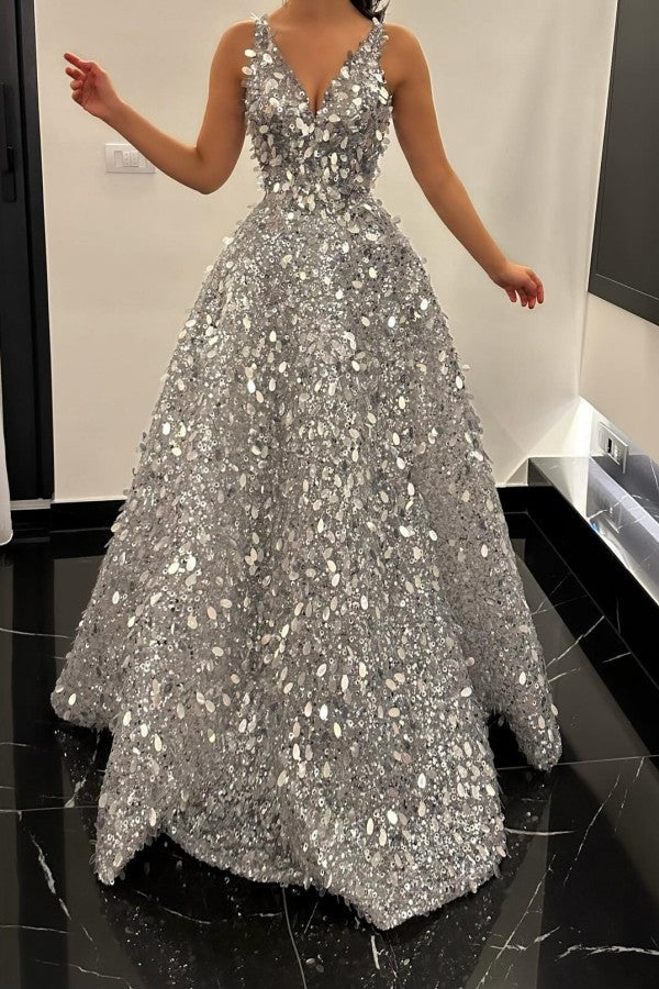 Silver Sequin A Line Prom Dress with V Neck