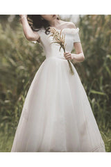 Simple A-Line Wedding Dresses Off Shoulder Ankle Length Satin Tulle Short Sleeve Elegant Bridal Gowns On Sale