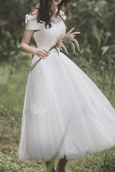 Simple A-Line Wedding Dresses Off Shoulder Ankle Length Satin Tulle Short Sleeve Elegant Bridal Gowns On Sale