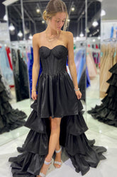 Simple Black Homecoming Dresses A-Line Corset Sweetheart High Low Tiered Prom Dress