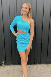 Simple Blue Homecoming Dresses One Shoulder Cut Out Tight Short Cocktail Dresses with Slit