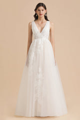 Simple Ivory V-Neck Tulle Lace Wedding Dress | Appliques Garden Bridal Gowns
