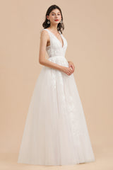 Simple Ivory V-Neck Tulle Lace Wedding Dress | Appliques Garden Bridal Gowns