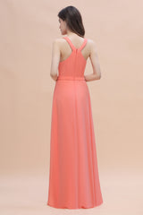 Simple Jewel Sleeveless Coral Chiffon Bridesmaid Dress