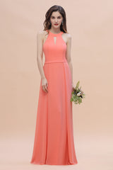 Simple Jewel Sleeveless Coral Chiffon Bridesmaid Dress