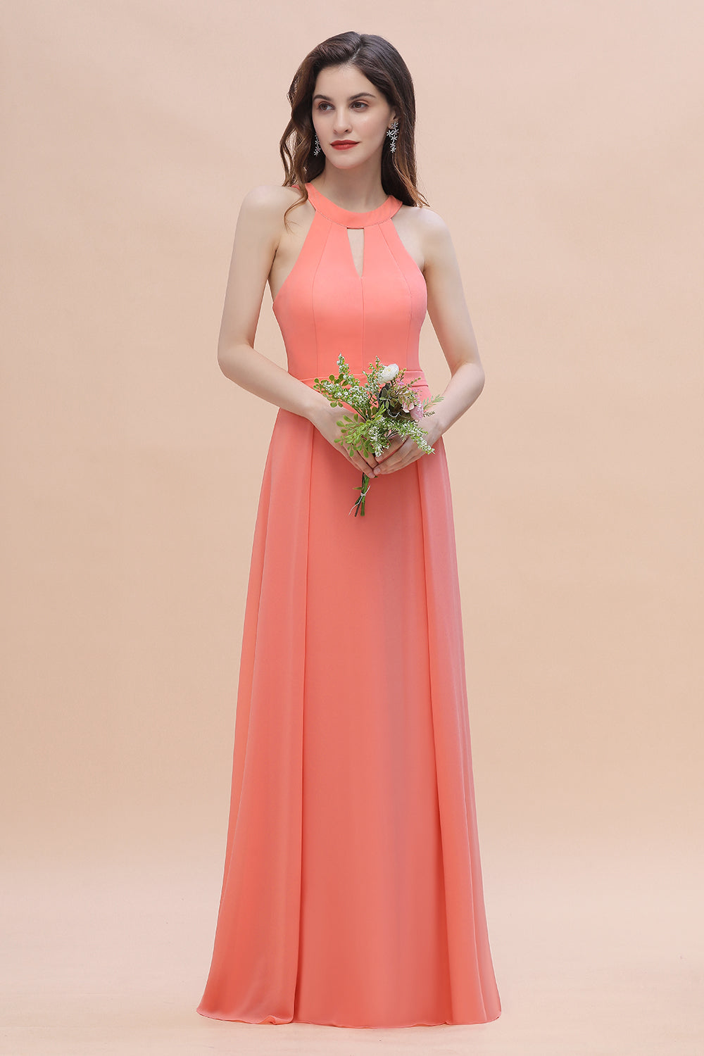 Simple Jewel Sleeveless Coral Chiffon Bridesmaid Dress