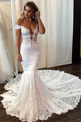 Simple Lace Mermaid Beach Wedding Dresses | Sexy Off-the-Shoulder Bridal Gowns