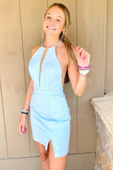 Simple Light Blue Homecoming Dresses Satin Tight Short Cocktail Dresses