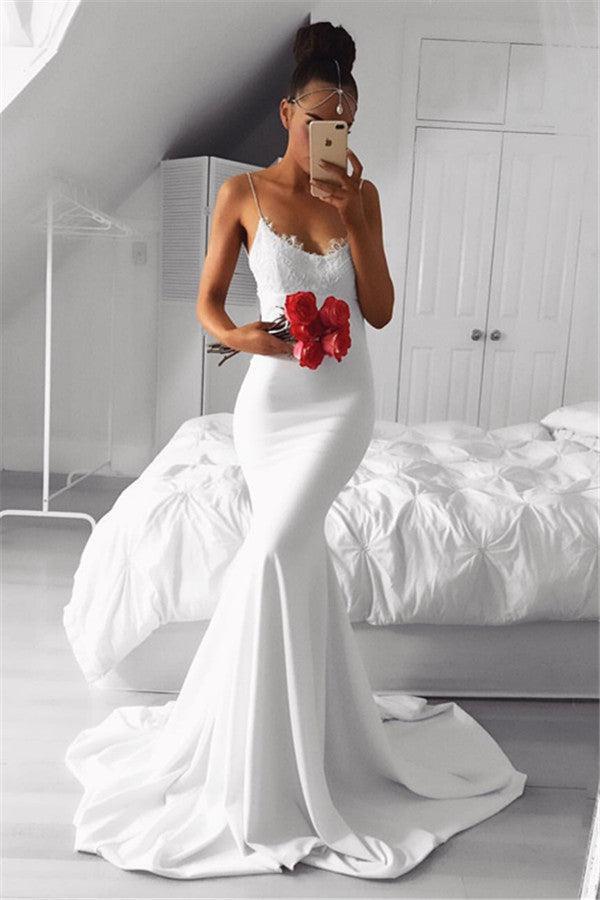 Simple Mermaid Spaghetti-Straps Evening Dresses Appliques Court Train Formal Dresses