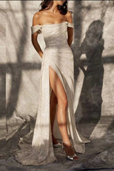 Simple Off-the-shoulder Sleeveless A-line Sequined Wedding Dress Split Long