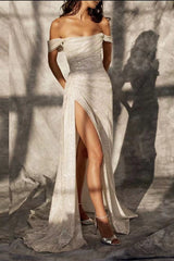 Simple Off-the-shoulder Sleeveless A-line Sequined Wedding Dress Split Long
