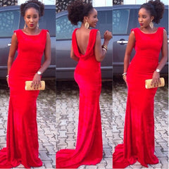 Simple Red Sleeveless Wedding Guest Dress New Arrival Open Back Evening Gown