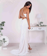Simple Sleeveless White Satin Front-Split Mermaid Beach Wedding Dresses