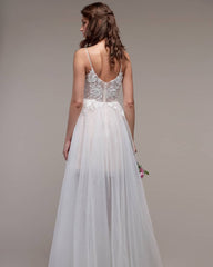 Simple Spaghetti Straps Tulle Lace Beach Wedding Dress On Sale