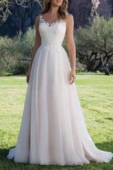 Simple V Neck Tulle Ivory Sleeveless Lace A-Line Wedding Dresses