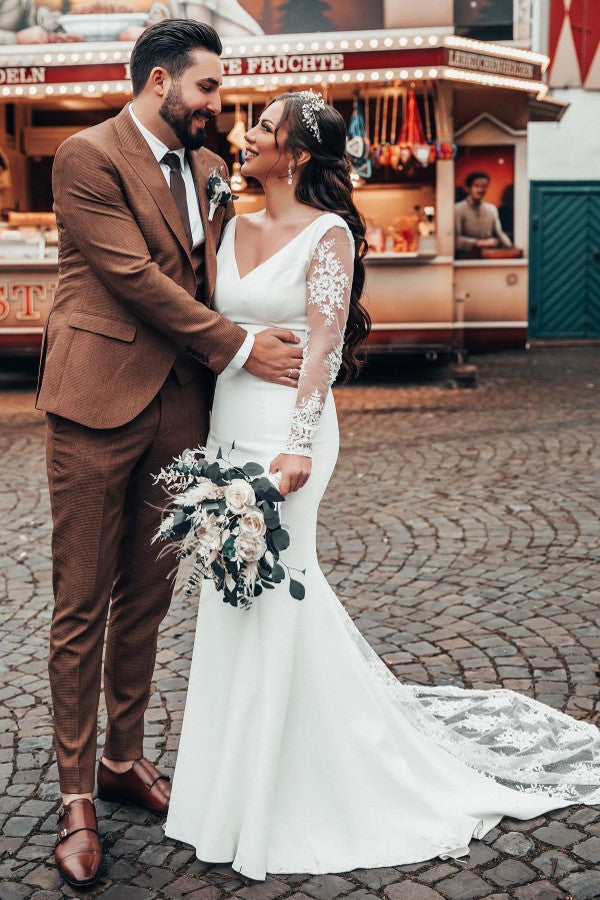 Simple V-neck Lace Mermaid Beach Wedding Dresses with Sleeves