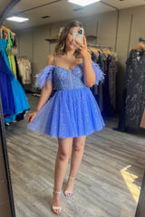 Sky Blue Homecoming Dresses A-Line Short Cocktail Dresses with Feathers