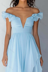 Sky Blue Prom Dress Chiffon Off The Shoulder Ruffled A Line High-Low Formal Dress