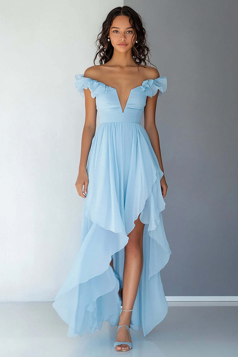 Sky Blue Prom Dress Chiffon Off The Shoulder Ruffled A Line High-Low Formal Dress