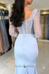 Sky Blue Prom Dress Mermaid Scoop Beaded Sleeves Slit Satin Formal Dress With Sequins