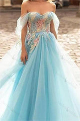 Sky Blue Prom Dress Off the Shoulder Tulle Sleeveless Sweetheart A Line Long Evening Formal Dress