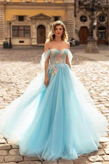 Sky Blue Prom Dress Off the Shoulder Tulle Sleeveless Sweetheart A Line Long Evening Formal Dress