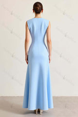Sky Blue Prom Dress Satin Boat Neck Long Sheath Formal Dress With Slit