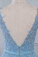 Sky Blue Prom Dress Scoop Sleeveless Evening Formal Dress Long With Lace Appliques
