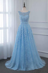 Sky Blue Prom Dress Scoop Sleeveless Evening Formal Dress Long With Lace Appliques