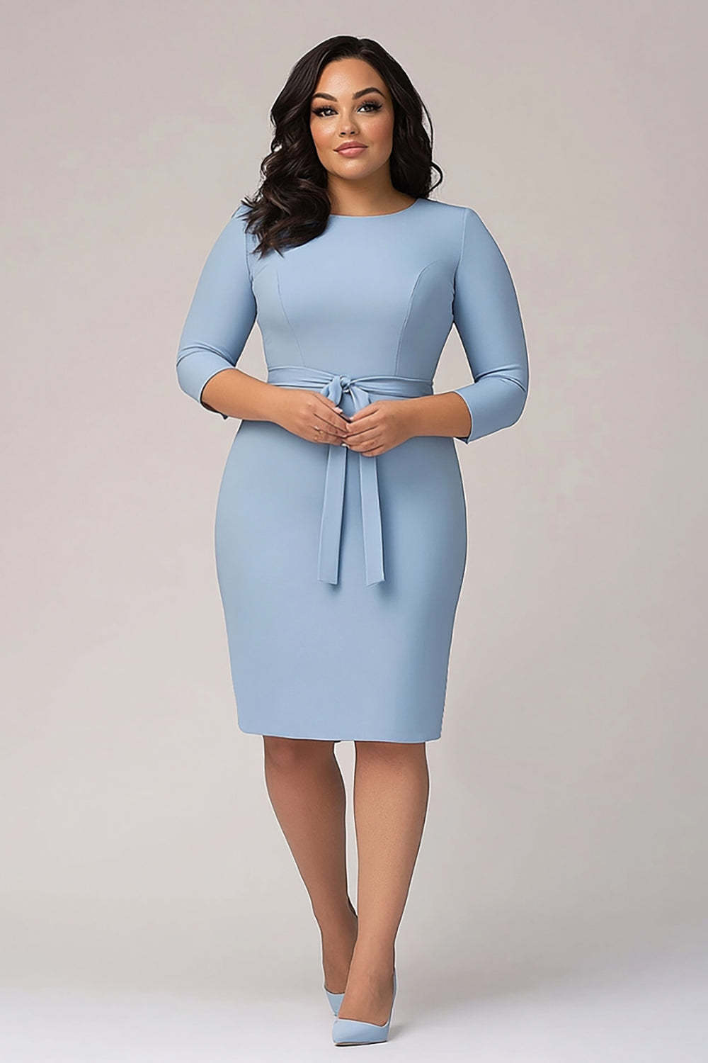 Suzhoufashion Sky Blue Wedding Guest Dress Plus Size Crepe Formal Dress With 3/4 Sleeves Suzhoufashion Sky Blue Wedding Guest Dress Plus Size Crepe Formal Dress With 3/4 Sleeves