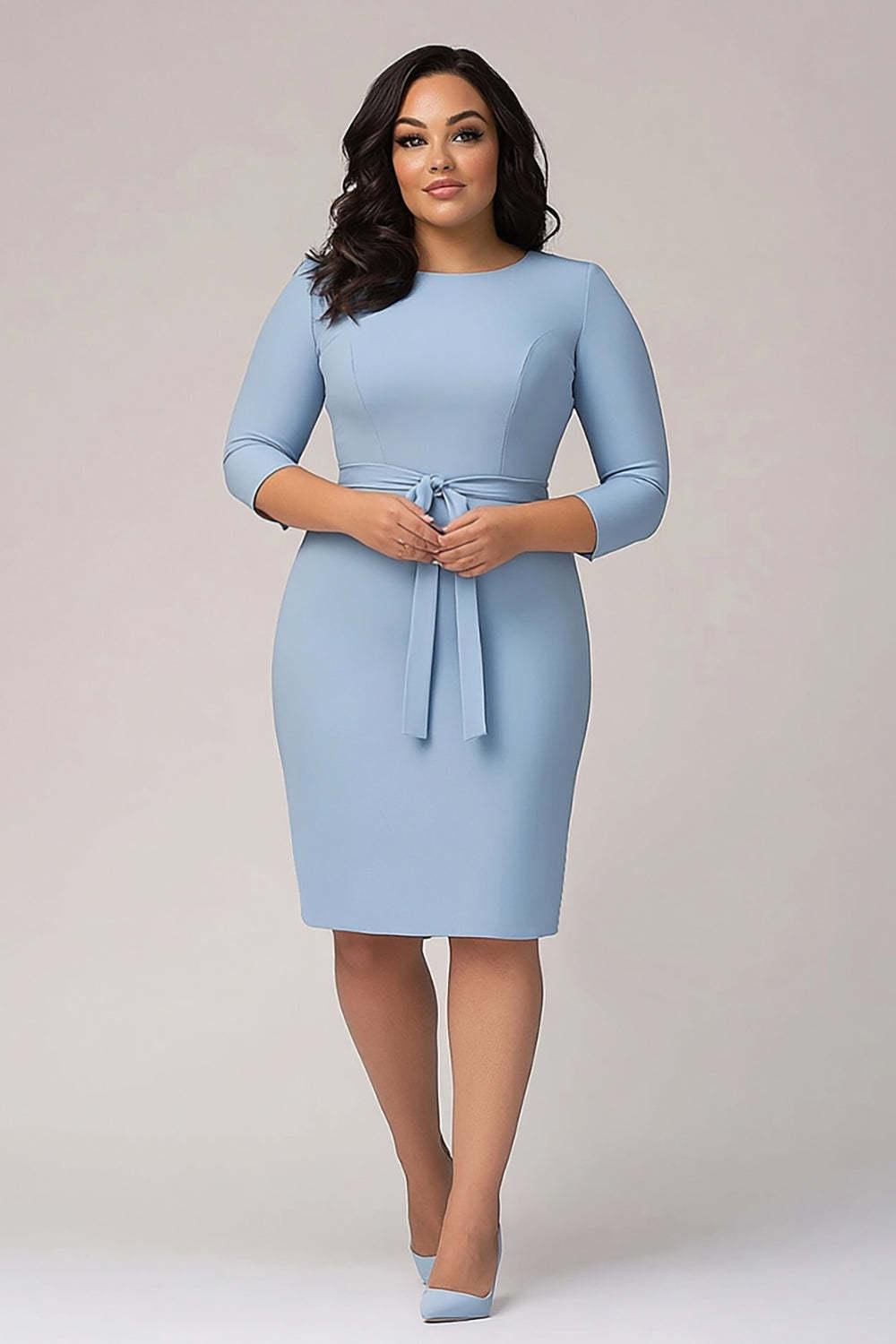 Suzhoufashion Sky Blue Wedding Guest Dress Plus Size Crepe Formal Dress With 3/4 Sleeves