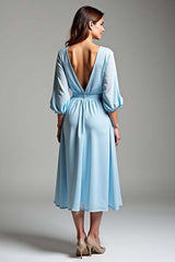 Sky Blue Wedding Guest Dress V-Neck Knee-Length Formal Dress With Half Sleeves
