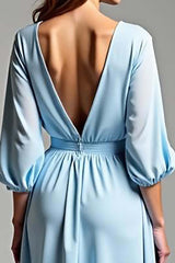 Sky Blue Wedding Guest Dress V-Neck Knee-Length Formal Dress With Half Sleeves