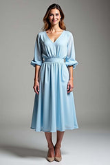 Sky Blue Wedding Guest Dress V-Neck Knee-Length Formal Dress With Half Sleeves