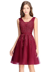 Sleeveless Appliques Tulle Lace V-Neck Knee Length Dress