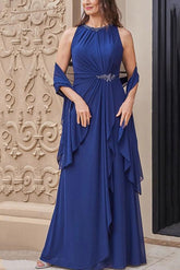 Sleeveless Long A Line Scoop Neck Mother of the Bride Dress with Sash