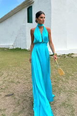 Sleeveless Halter V Neck Long Evening Formal Dress With Pleated