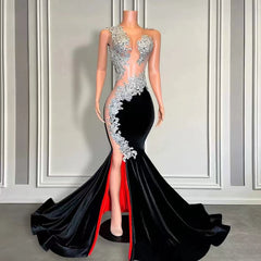 Sleeveless Long Black Velvet Mermaid Formal Dresses with Appliques and Beads