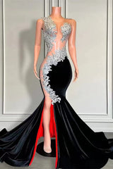 Sleeveless Long Black Velvet Mermaid Formal Dresses with Appliques and Beads