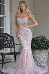 Sleeveless Sweetheart Prom Dresses Tulle Appliques Mermaid Evening Dresses