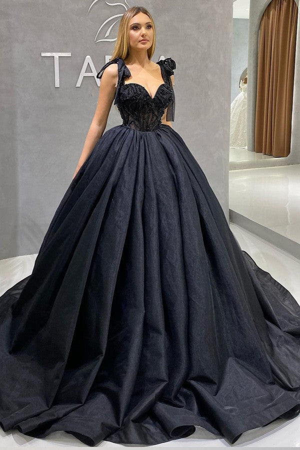 Sleeveless Sweetheart Ruffles Black Ball Gown Evening Dresses