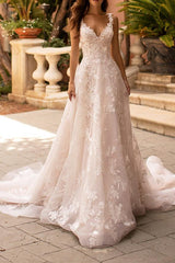 Sleeveless V Neck Tulle Lace Ivory A-Line Wedding Dresses