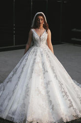 Sleeveless V Neck Tulle White Lace Ruffles A-Line Wedding Dresses