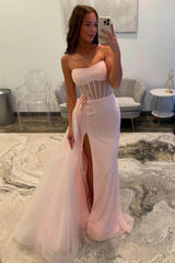 Light Pink Prom Dress Corset Tulle Long Formal Dress With Slit