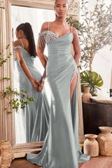 Spaghetti Strap Sleeveless Split Long Mermaid Evening Formal Dress With Beading